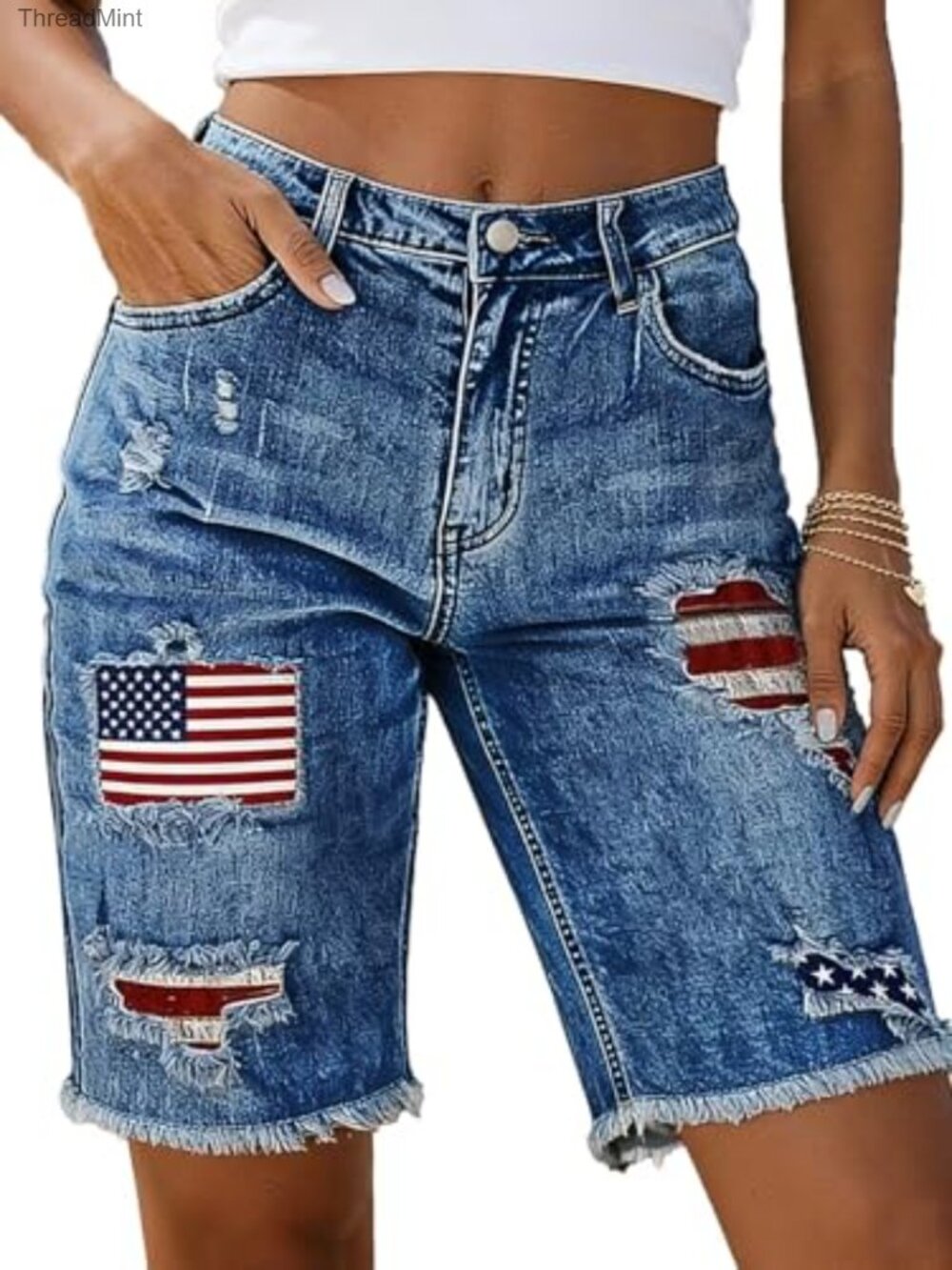 Mid Rise Bermuda Denim Shorts with American Flag Patch Raw Hem